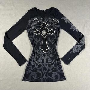 Women’s Affliction Style Long Sleeve Black Rhinestone Cross